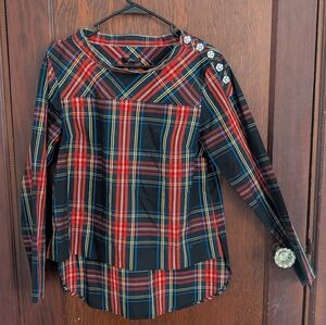 J. Crew Funnel Neck Tartan Stewart Plaid Top Rhinestone - Size 6